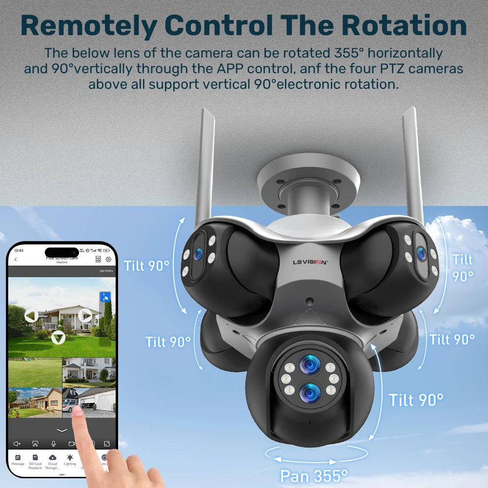 LS VISION 30MP Five Screens Panoramic Security Camera Outdoor 5 PTZ 6 Lens 10X Optical Zoom Auto Tracking Waterproof CCTV Camera