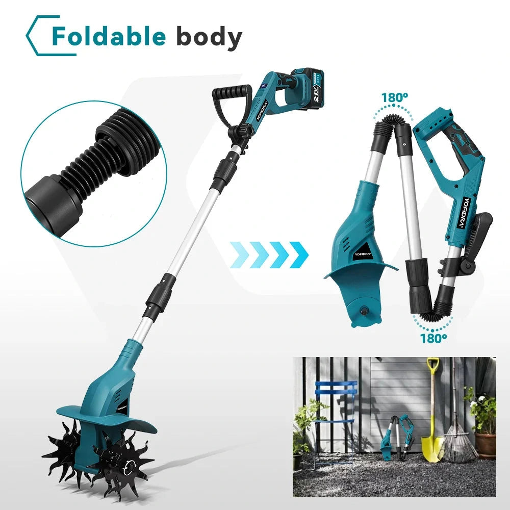 YOFIDRA Electric Garden Tiller Cultivator Scarifier Foldable Rototiller Soil Loosener Garden Tool For Makita 21V Battery Pin