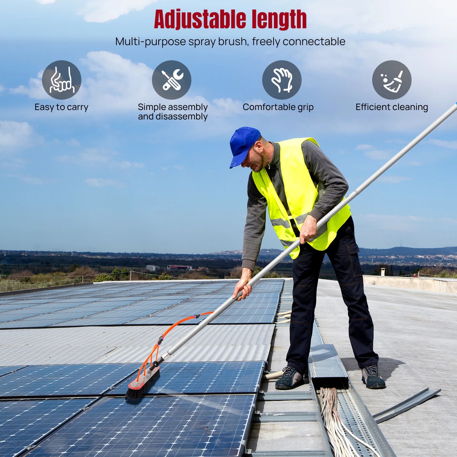 7M Telescopic Water-Fed Cleaning Pole with 180° Pivot Brush, 20m Hose – Universal Kit for Exterior Maintenance of Solar Panels