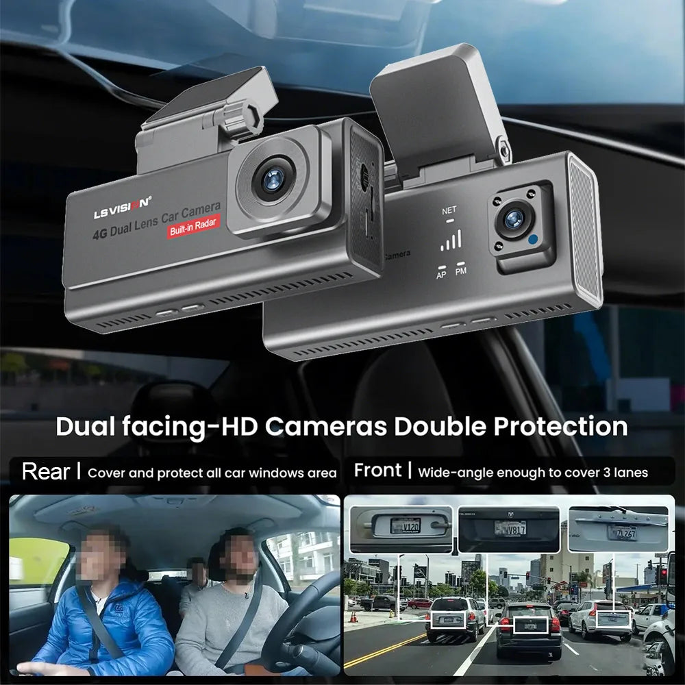 LS VISION 4G Front &Rear View Cameras HD Dash Cam Per Auto Built-in G-sensor /GPS /Long Standby Parking Monitoring /Cloud Sd