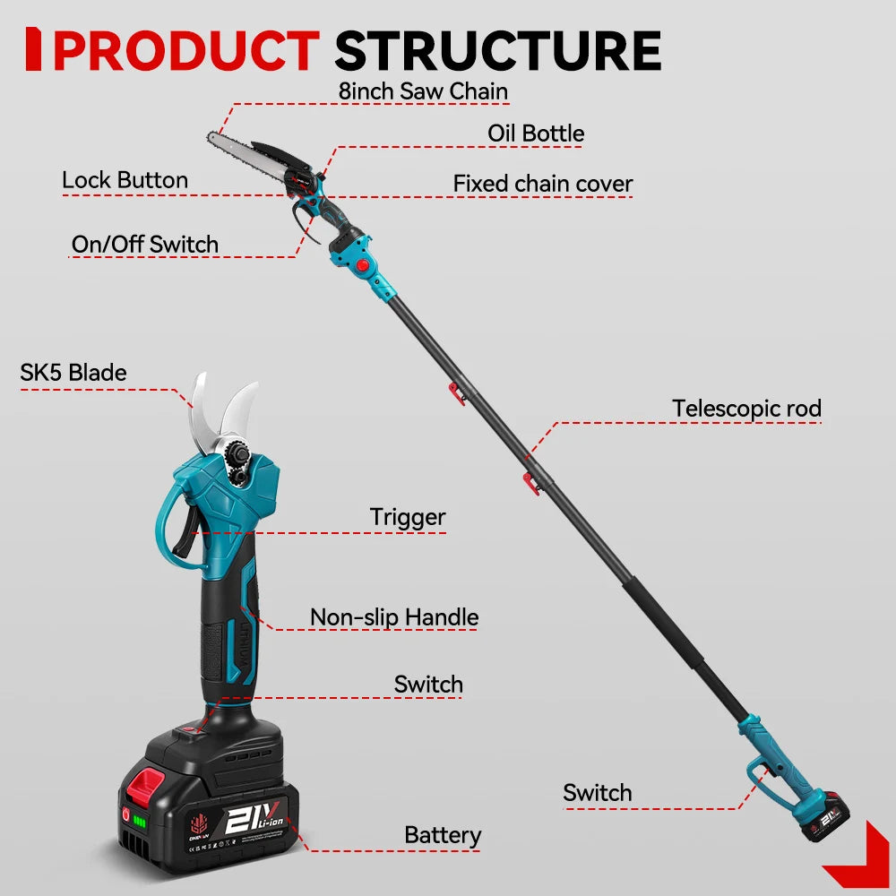 ONEVAN 5500W Brushless 3In1 Electric High Branch ChainSaw&Pruning Shear Cordless 8Inch Tree Cutting Tool For Makita Battery Pin