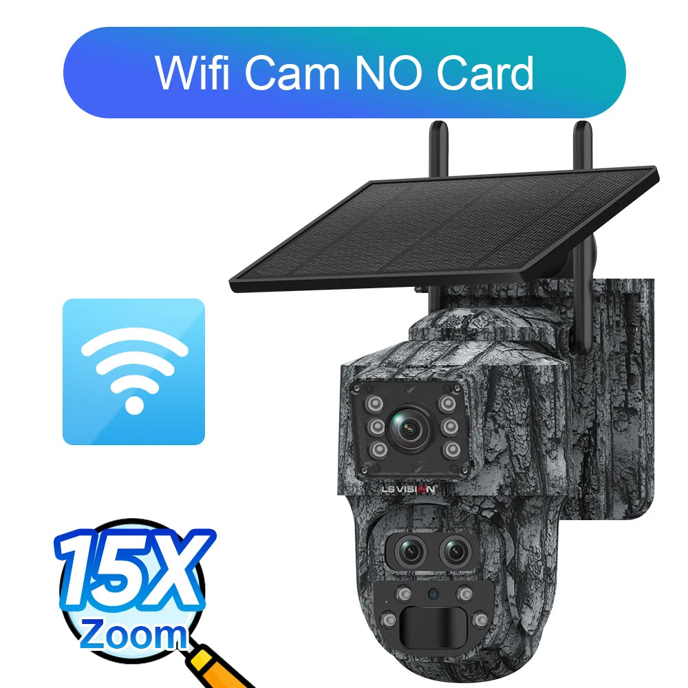 LS VISION 12MP 6K 15X Zoom Solar Camera Dual Screen Outdoor 4G/WIFI Three Lens PIR Detection Trail Camera Camouflage Forest Ubox