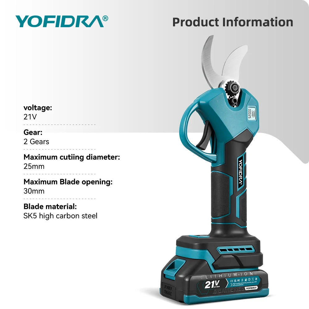 YOFIDRA Brushless Electric Scissors 30MM 2Gears Cordless Fruit Tree Branch Pruner Shear Power Tools For Makita 21V Battery Pin