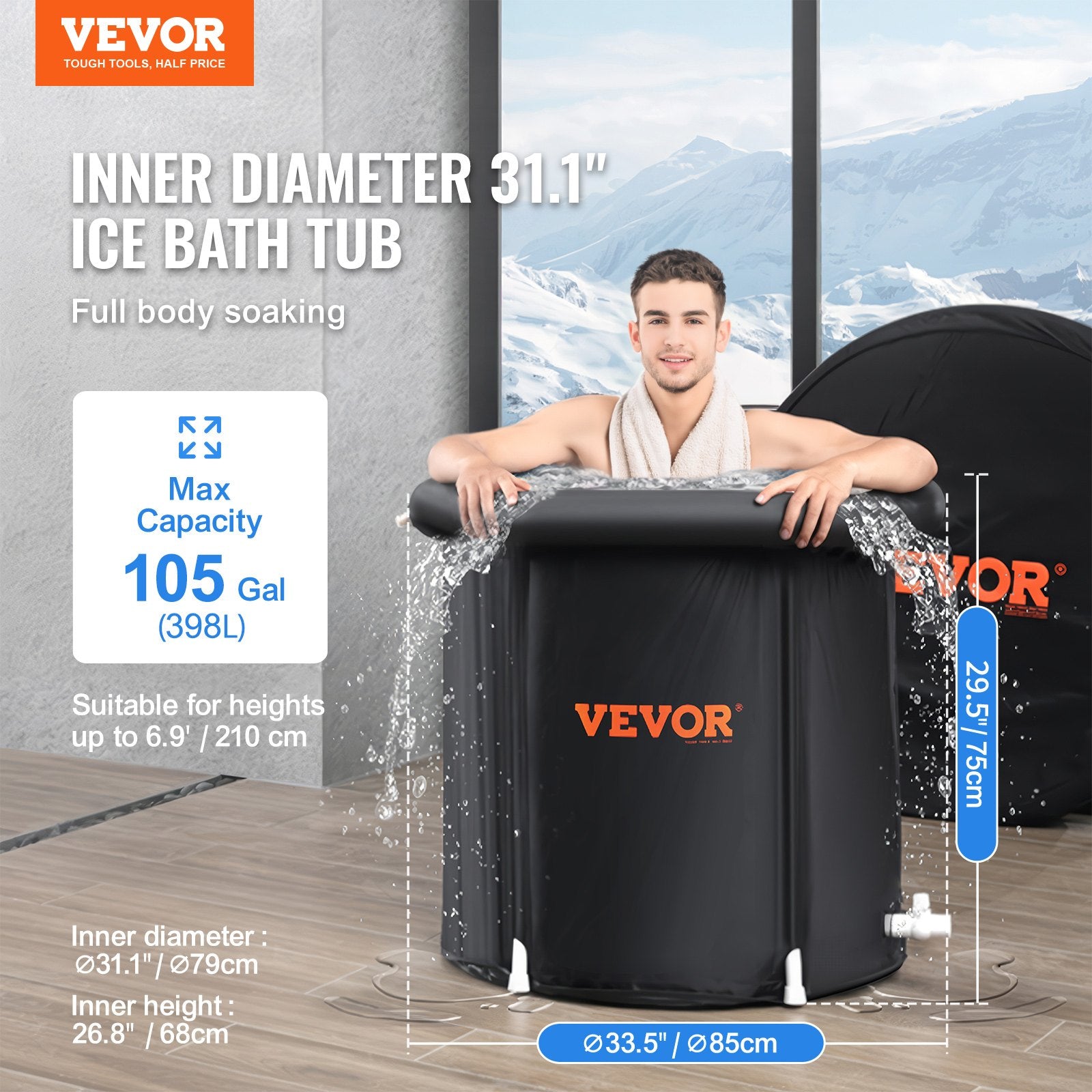 VEVOR Ice Bath Tub, 85 cm Long Cold Water Therapy Plunge Tub for Athletes, Portable Outdoor Ice Barrel Plunge Pool for Recovery, 398L Inflatable Folding Bathtub with Cover, Home Ice Pod for Adult