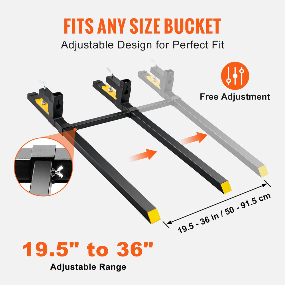 VEVOR Pallet Forks, 2000 lbs Tractor Bucket Forks, 60" Total Length Clamp on Pallet Forks with Adjustable Stabilizer bar, Heavy Duty Pallet Forks for Tractor Attachments, Skid Steer, Loader Bucket