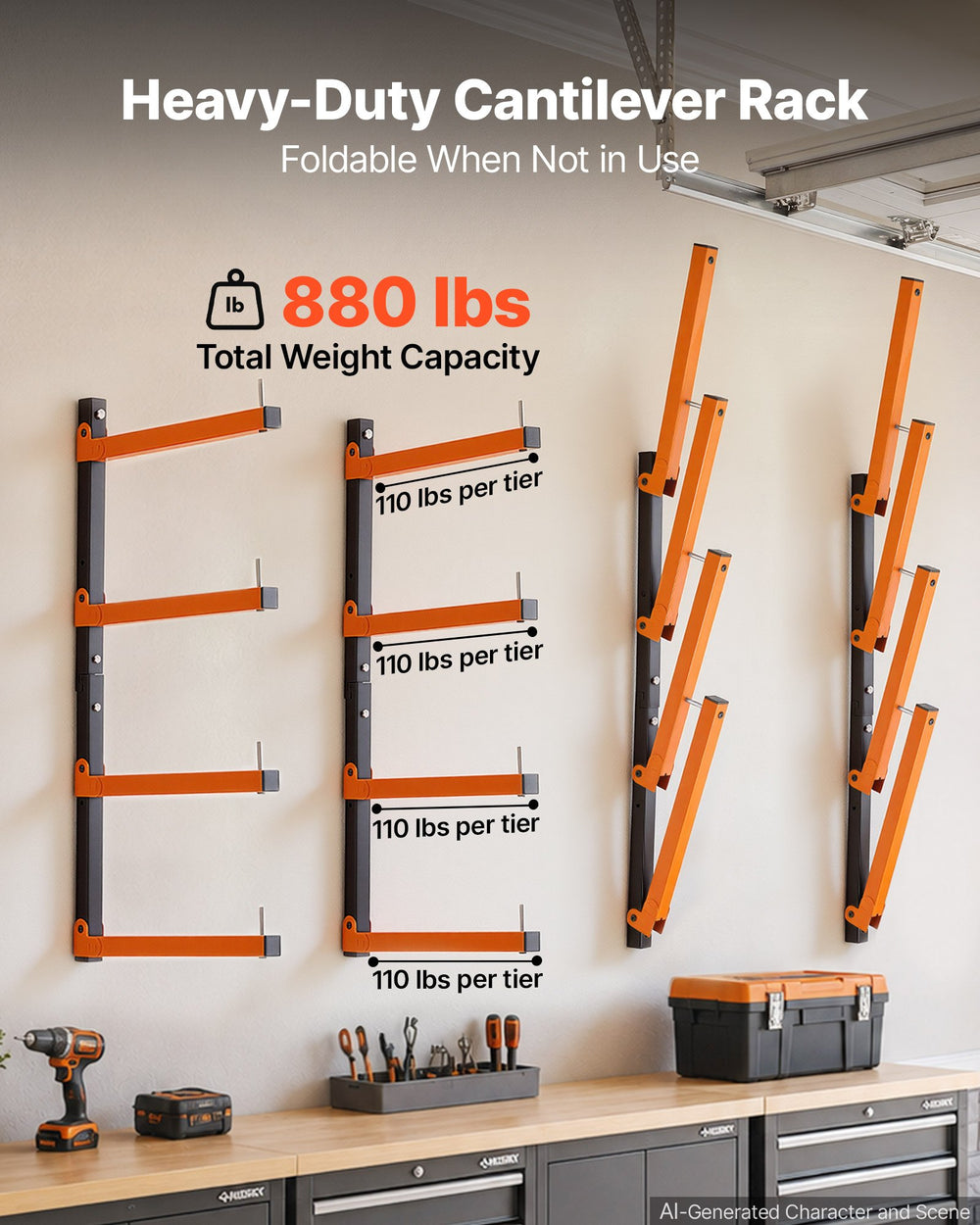 VEVOR Lumber Rack, 4-Tier 4-Pack 50 kg per Tier, Foldable Wood Storage, Wall-mounted for Garages, Workshops, Warehouse, Heavy-Duty Cantilever Arms, 3-Level Adjustment, Steel, Orange & Black