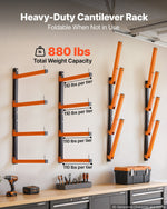 VEVOR Lumber Rack, 4-Tier 4-Pack 50 kg per Tier, Foldable Wood Storage, Wall-mounted for Garages, Workshops, Warehouse, Heavy-Duty Cantilever Arms, 3-Level Adjustment, Steel, Orange & Black