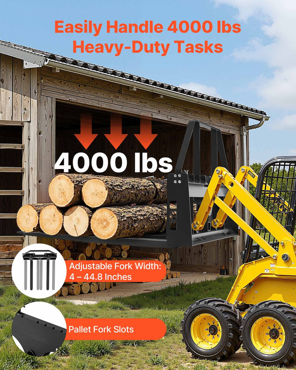 VEVOR Skid Steer Pallet Forks, 1814 kg Rated Capacity, Pallet Fork Frame Attachment with 1065 mm Pallet Forks Forklift Blades, 50.8 mm Hitch Receiver & Spear Sleeves, Fit for Skid Steers, Tractors