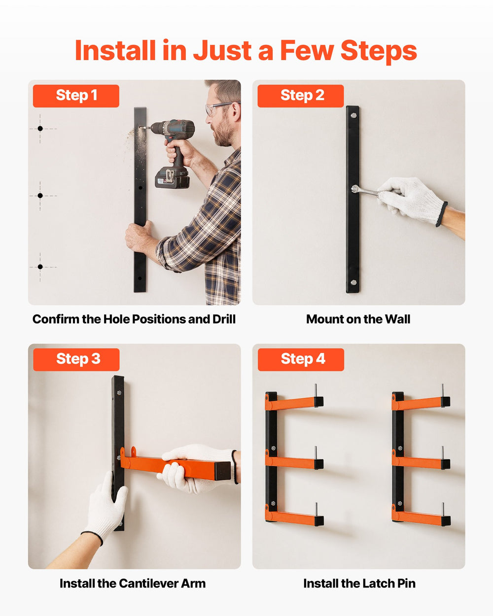 VEVOR Lumber Rack, 3-Tier 4-Pack 50 kg per Tier, Foldable Wood Storage, Wall-mounted for Garages, Workshops, Warehouse, Basement, Heavy-Duty Cantilever Arms, Locking Pins, Steel, Orange &amp; Black