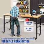 VEVOR Workbench Adjustable Height, 122cm W X 61cm D X 104cm H Garage Table with 79 – 104 cm Heights & 720KG Capacity, with Power Outlets & Hardwood Top & Metal Frame & Swivel Casters, for Office Home