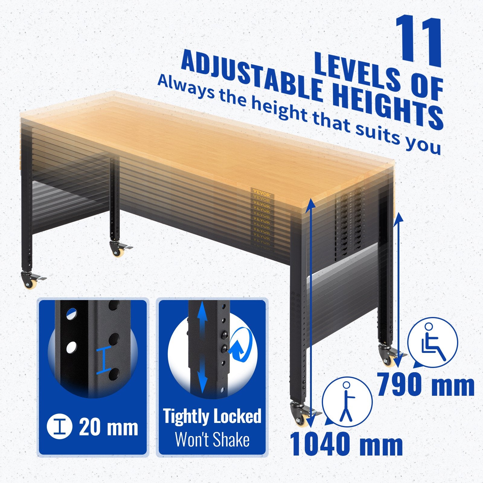 VEVOR Workbench Adjustable Height, 122cm W X 61cm D X 104cm H Garage Table with 79 – 104 cm Heights & 720KG Capacity, with Power Outlets & Hardwood Top & Metal Frame & Swivel Casters, for Office Home