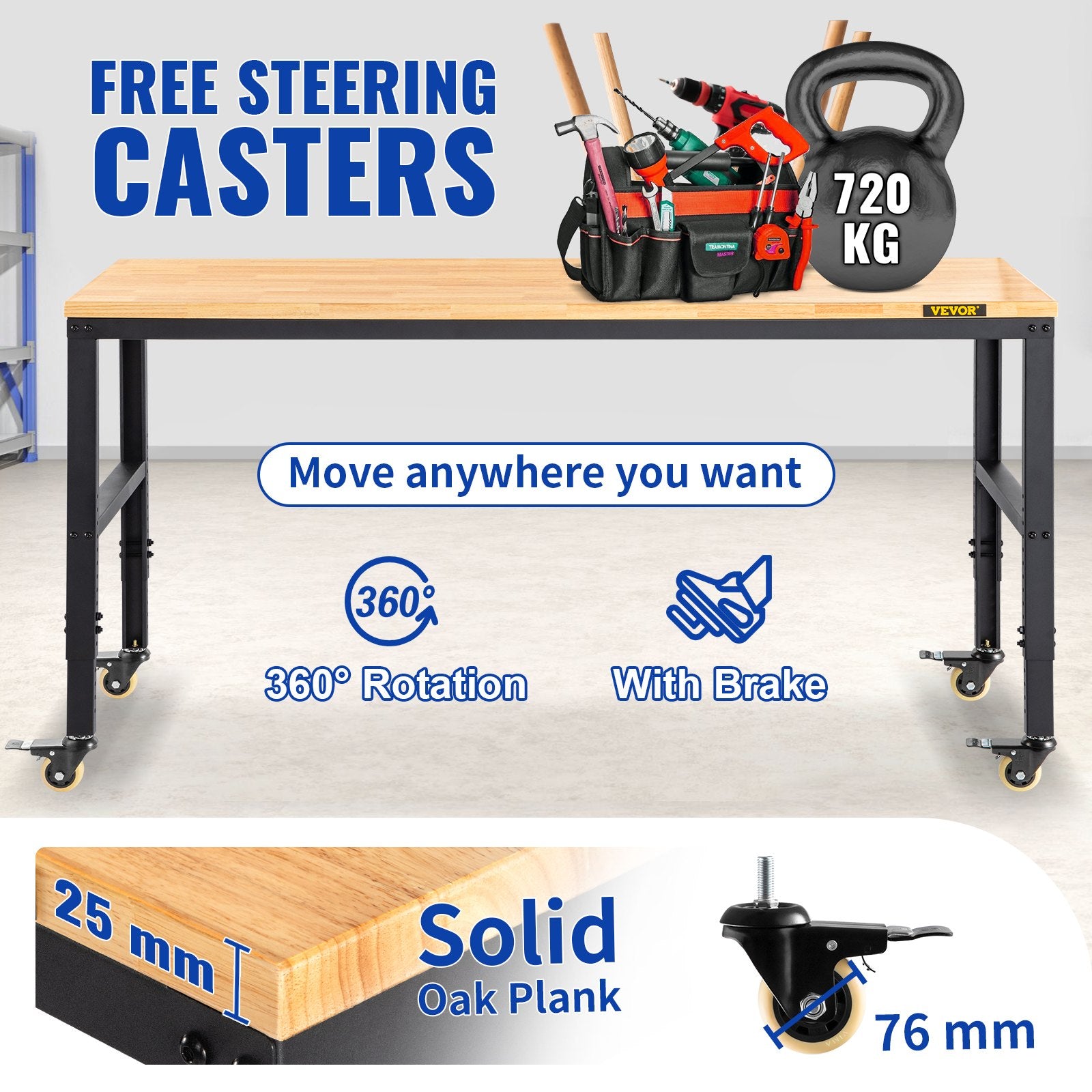 VEVOR Workbench Adjustable Height, 122cm W X 61cm D X 104cm H Garage Table with 79 – 104 cm Heights & 720KG Capacity, with Power Outlets & Hardwood Top & Metal Frame & Swivel Casters, for Office Home
