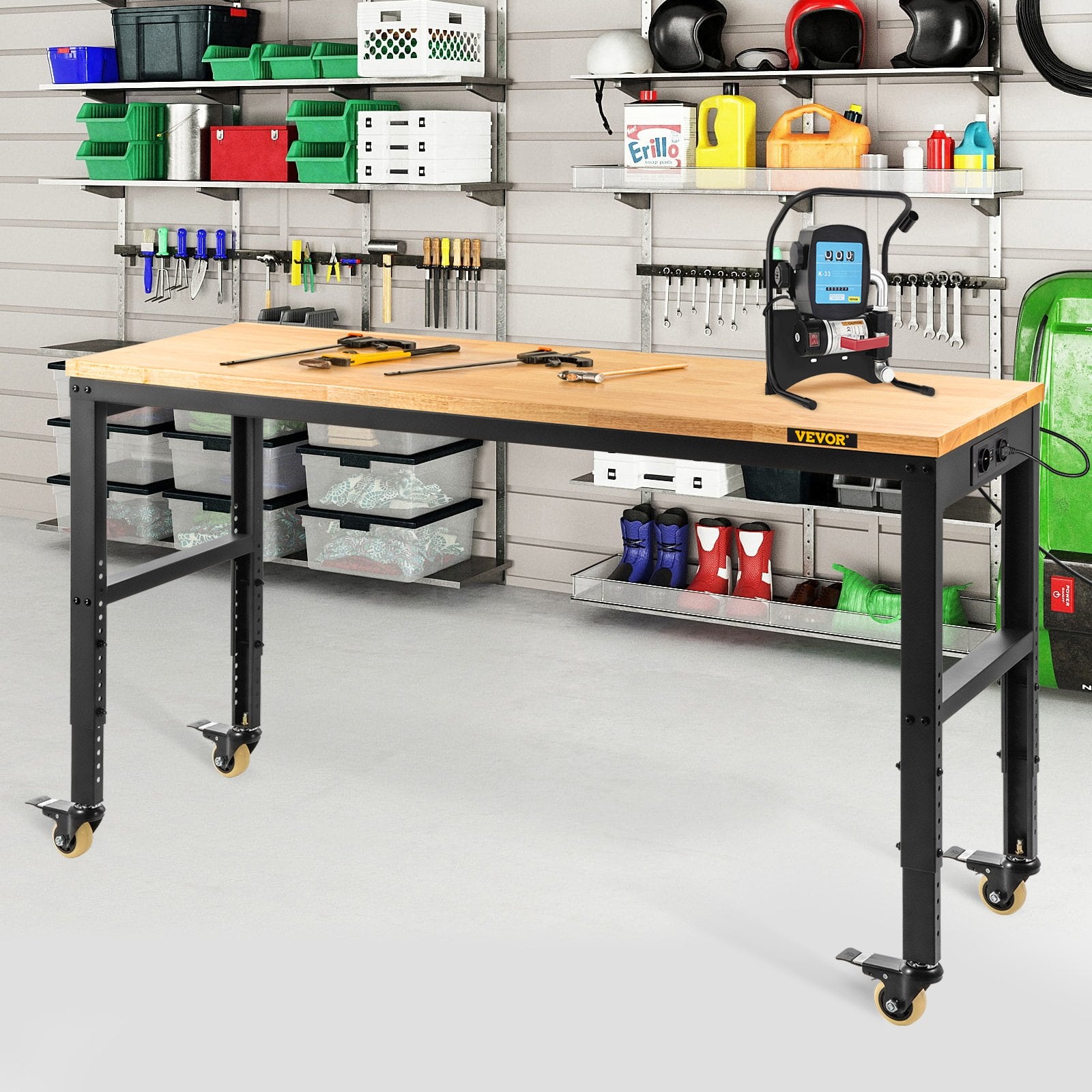 VEVOR Workbench Adjustable Height, 122cm W X 61cm D X 104cm H Garage Table with 79 – 104 cm Heights & 720KG Capacity, with Power Outlets & Hardwood Top & Metal Frame & Swivel Casters, for Office Home