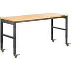 VEVOR Workbench Adjustable Height, 122cm W X 61cm D X 104cm H Garage Table with 79 – 104 cm Heights & 720KG Capacity, with Power Outlets & Hardwood Top & Metal Frame & Swivel Casters, for Office Home
