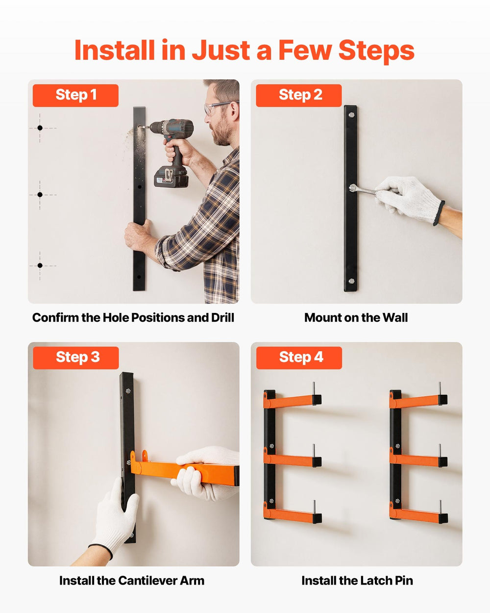 VEVOR Lumber Rack, 3-Tier 3-Pack 50 kg per Tier, Foldable Wood Storage, Wall-mounted for Garages, Workshops, Warehouse, Basement, Heavy-Duty Cantilever Arms, Locking Pins, Steel, Orange & Black