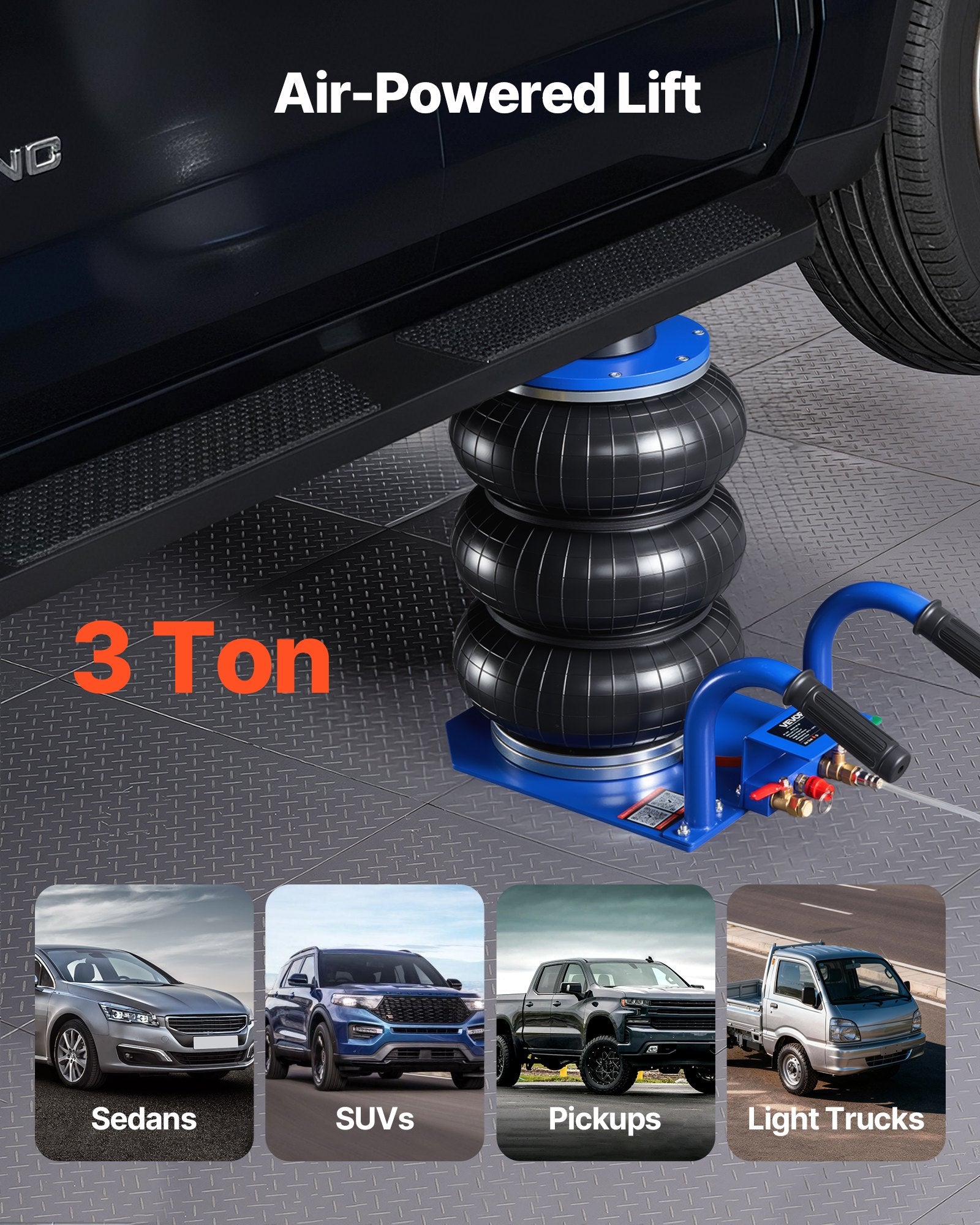 VEVOR Air Jack, 3 Ton Triple Bag Air Jack, Airbag with Six Steel Pipes, Lift Up to 450 mm, 1-6 s Fast Lifting Pneumatic with Short Handles & Rubber Pad for Cars, SUVs, Pickup Trucks Repair, Garage