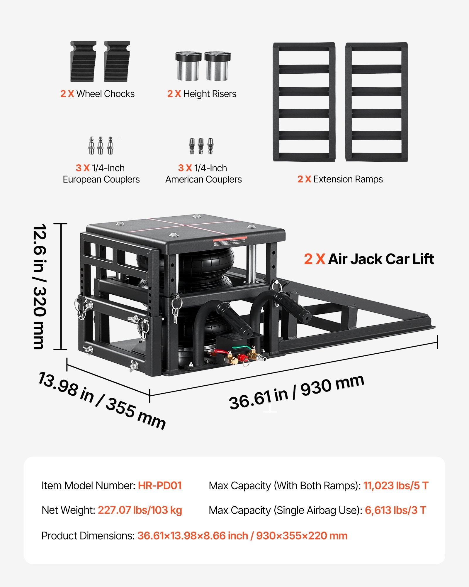 VEVOR Air Portable Car Lifts 2PCS, 5 Ton Capacity, 320 mm Max Height, Pneumatic Ramp Jacks with Airbags, Wheel Chocks, Extension Ramps, Heightened Columns, Heavy-Duty for Sedans, SUVs, Pickup Trucks