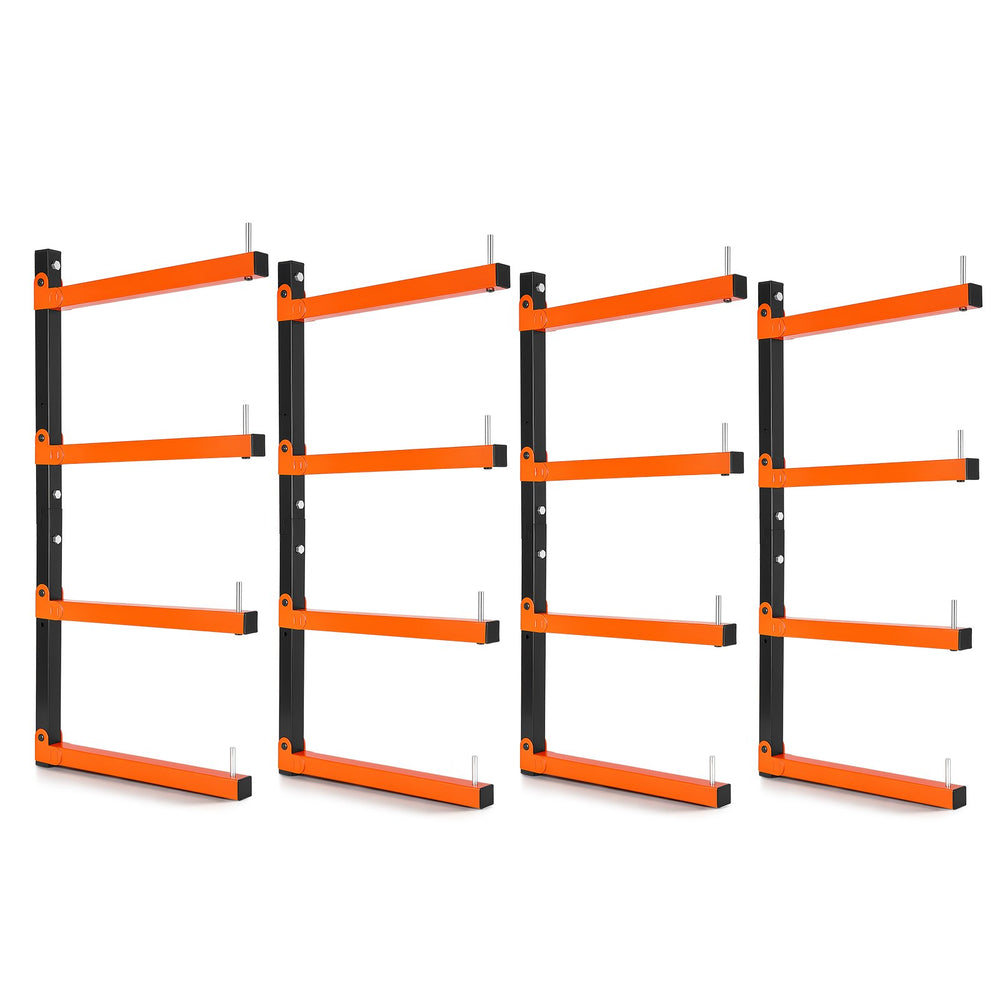 VEVOR Lumber Rack, 4-Tier 4-Pack 50 kg per Tier, Foldable Wood Storage, Wall-mounted for Garages, Workshops, Warehouse, Heavy-Duty Cantilever Arms, 3-Level Adjustment, Steel, Orange & Black