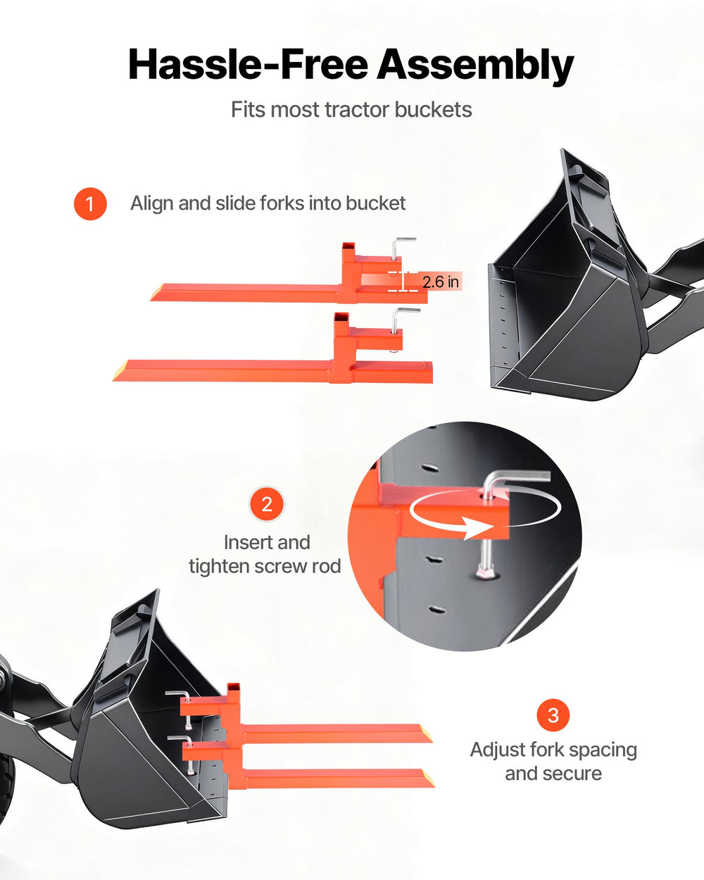VEVOR Pallet Forks, 907 kg Clamp on Pallet Forks, 109 cm Total Length Heavy-Duty Quick Attach Tractor Fork Compatible with Tractor Attachments, Loader Bucket, and Skid Steer, Orange