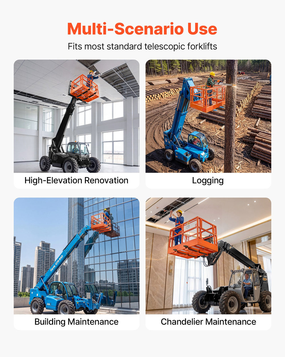 VEVOR Mesh Telehandler Work Platform, 1817 x 1220 mm, Man Safety Basket, 907.18 kg Capacity, Forklift Telehandler Attachment, Safety Cage, Heavy Duty Carbon Steel, for Most Aerial Jobs Lifting Loader