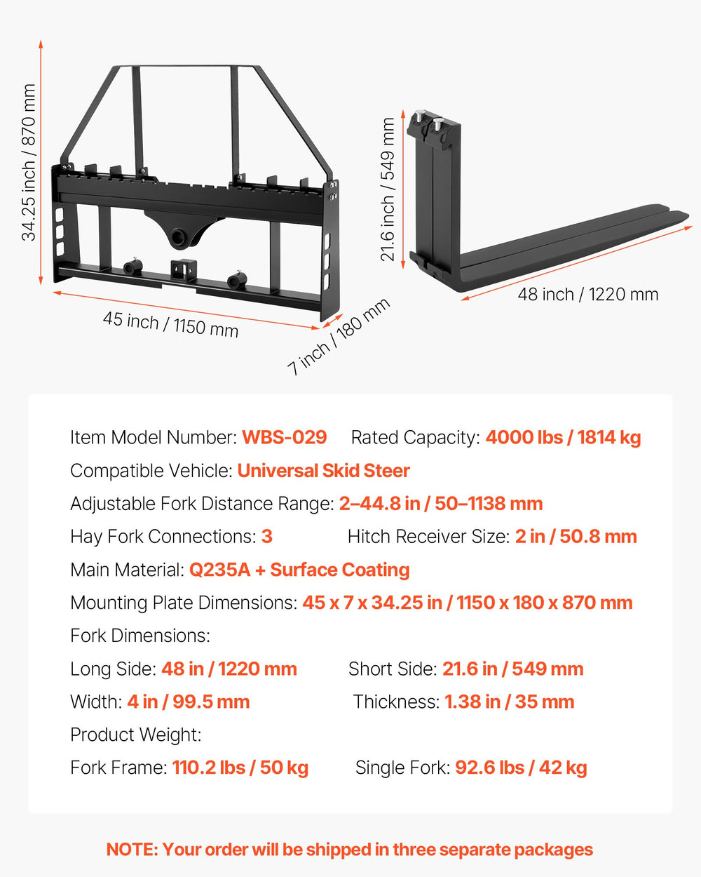 VEVOR Skid Steer Pallet Forks, 1814 kg Rated Capacity, Pallet Fork Frame Attachment with 122 cm Pallet Forks Forklift Blades, 50.8 mm Hitch Receiver & Spear Sleeves, Fit for Skid Steers, Tractors