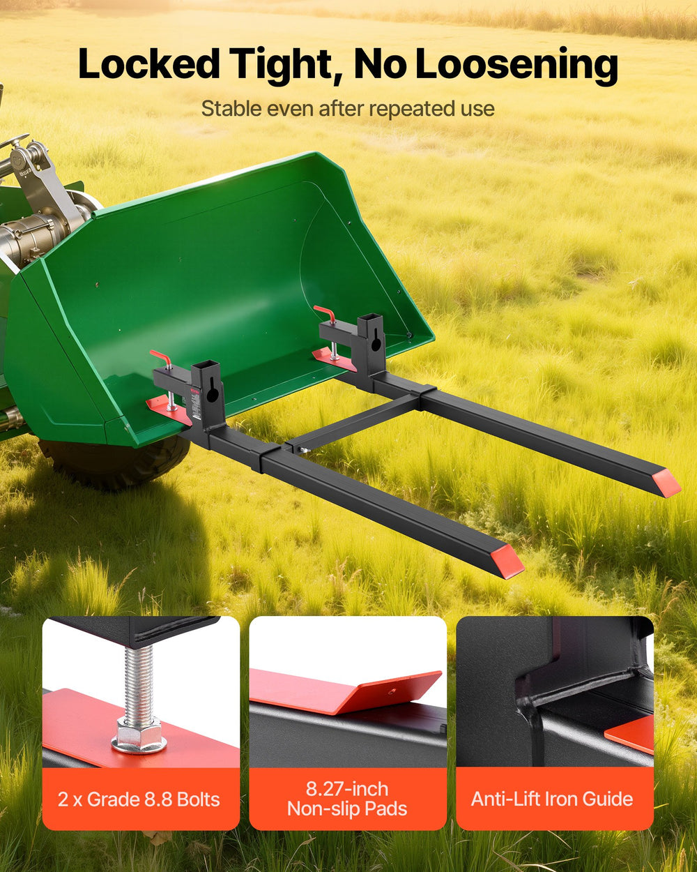 VEVOR Pallet Forks, 907 kg Clamp on Pallet Forks, 149 cm Total Length Heavy-Duty Tractor Fork with Adjustable Stabilizer Bar for Tractor Attachments, Loader Bucket, and Skid Steer, Black
