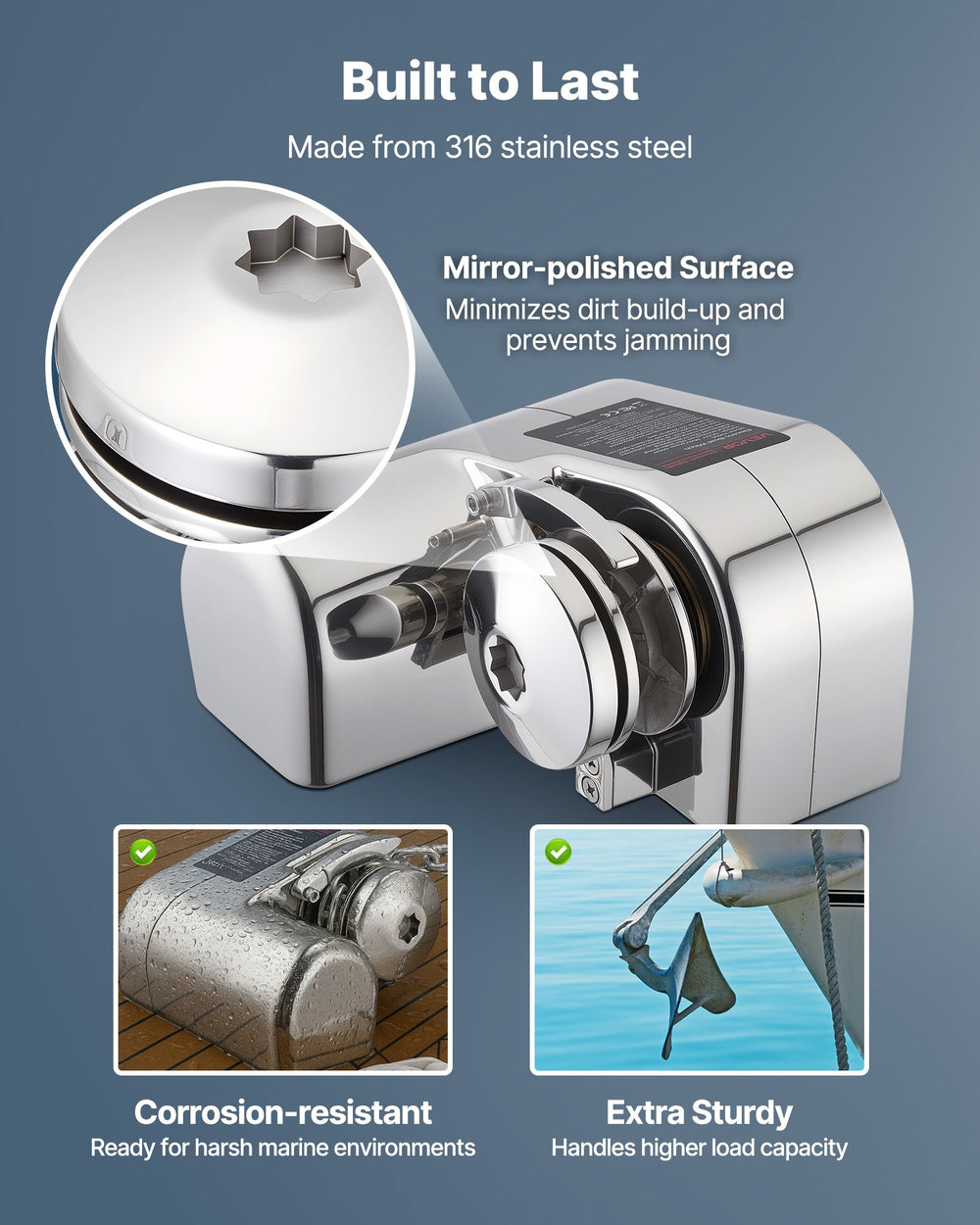 VEVOR Horizontal Fishing Windlass, 12V DC 600W, Windlass Anchor Systems Fit for 6.35 mm Chain or 14.3 & 15.9 mm Nylon Rope, Max Pull 260 kg, 316 Stainless Steel Construction, for Boats 7-9 m