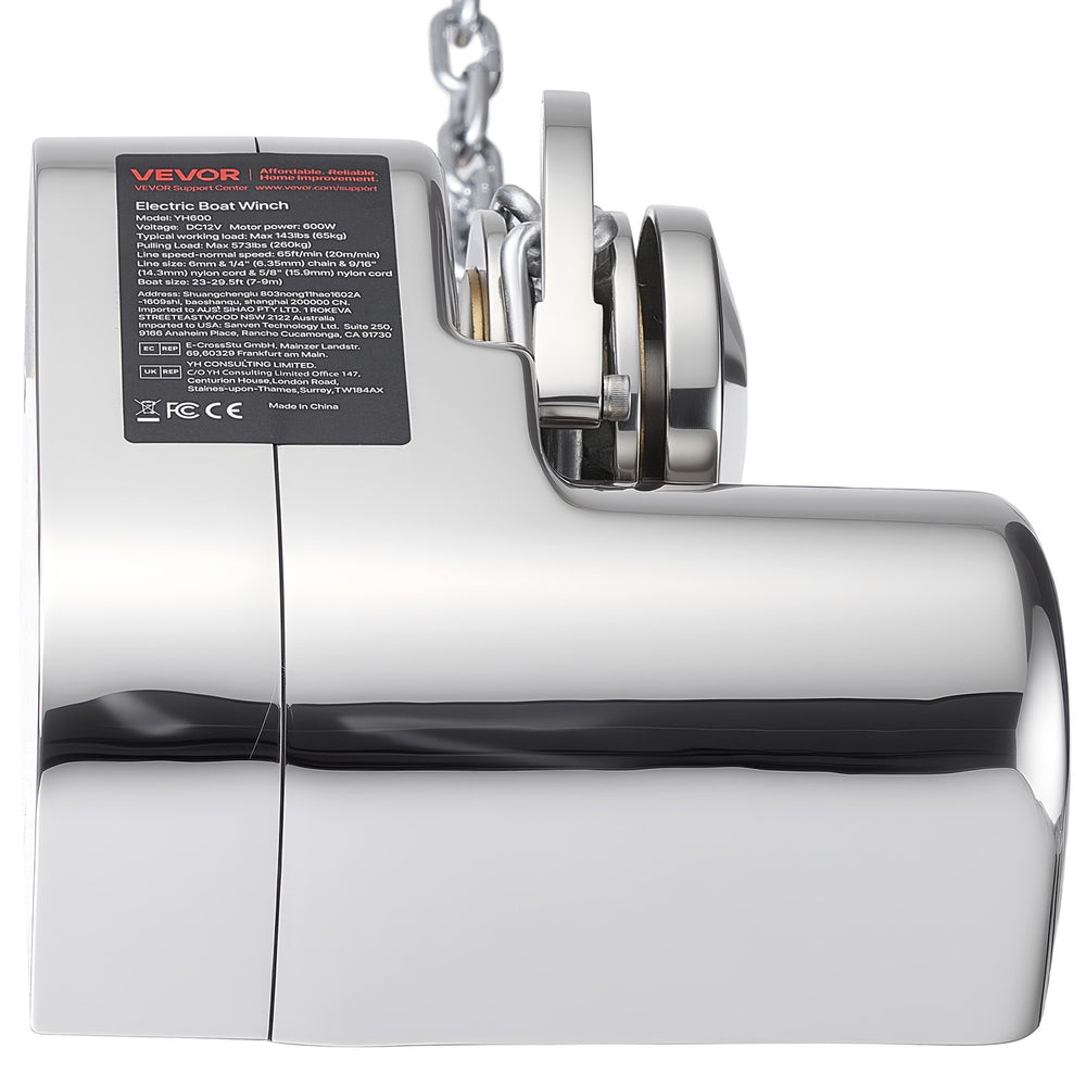 VEVOR Horizontal Fishing Windlass, 12V DC 600W, Windlass Anchor Systems Fit for 6.35 mm Chain or 14.3 & 15.9 mm Nylon Rope, Max Pull 260 kg, 316 Stainless Steel Construction, for Boats 7-9 m