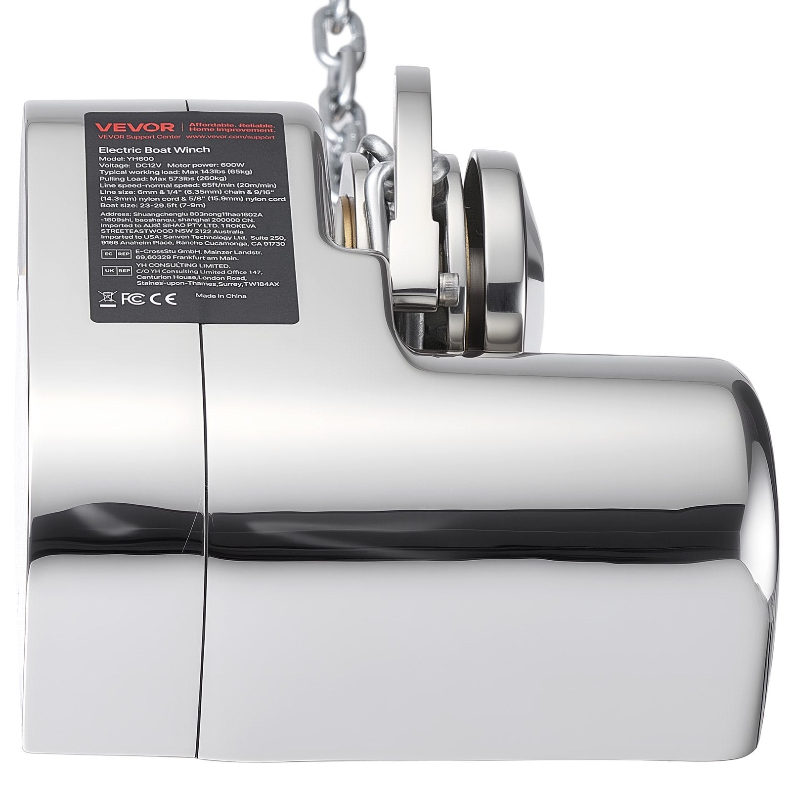 VEVOR Horizontal Fishing Windlass, 12V DC 600W, Windlass Anchor Systems Fit for 6.35 mm Chain or 14.3 & 15.9 mm Nylon Rope, Max Pull 260 kg, 316 Stainless Steel Construction, for Boats 7-9 m