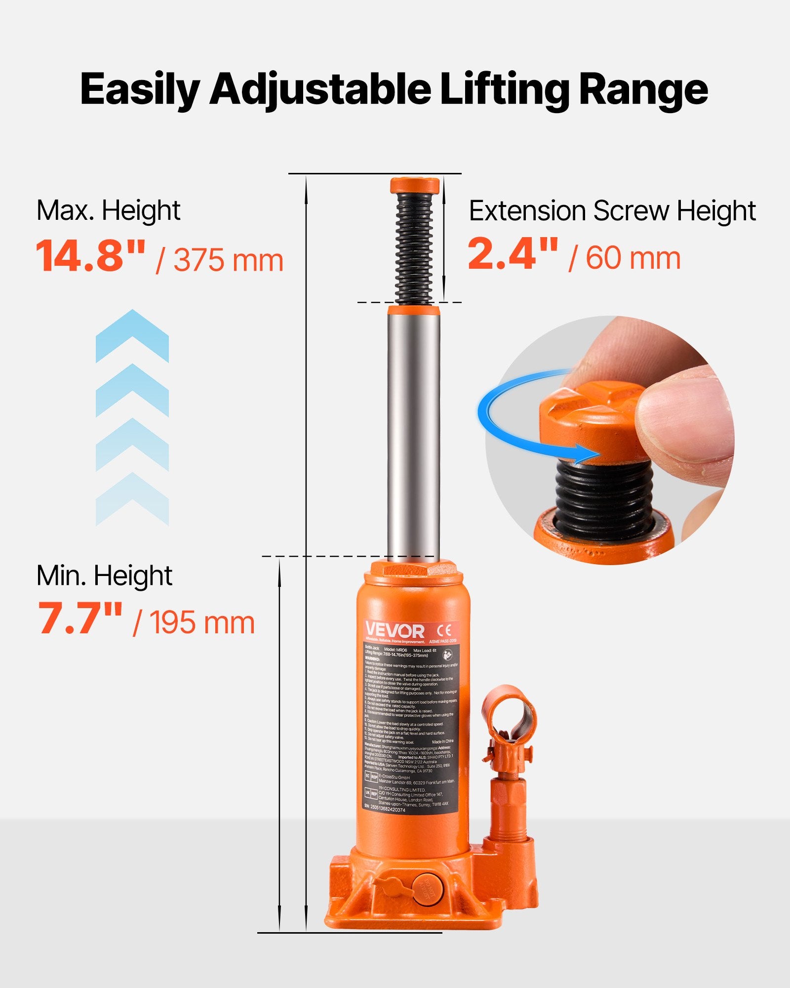 VEVOR Hydraulic Bottle Jack, 6 Ton Load Capacity, 195-375 mm Lifting Range, Heavy Duty Hydraulic Welded Bottle Jack for Car, SUV, Pickup, Auto Repair, House Lift and Agricultural Equipment, Orange