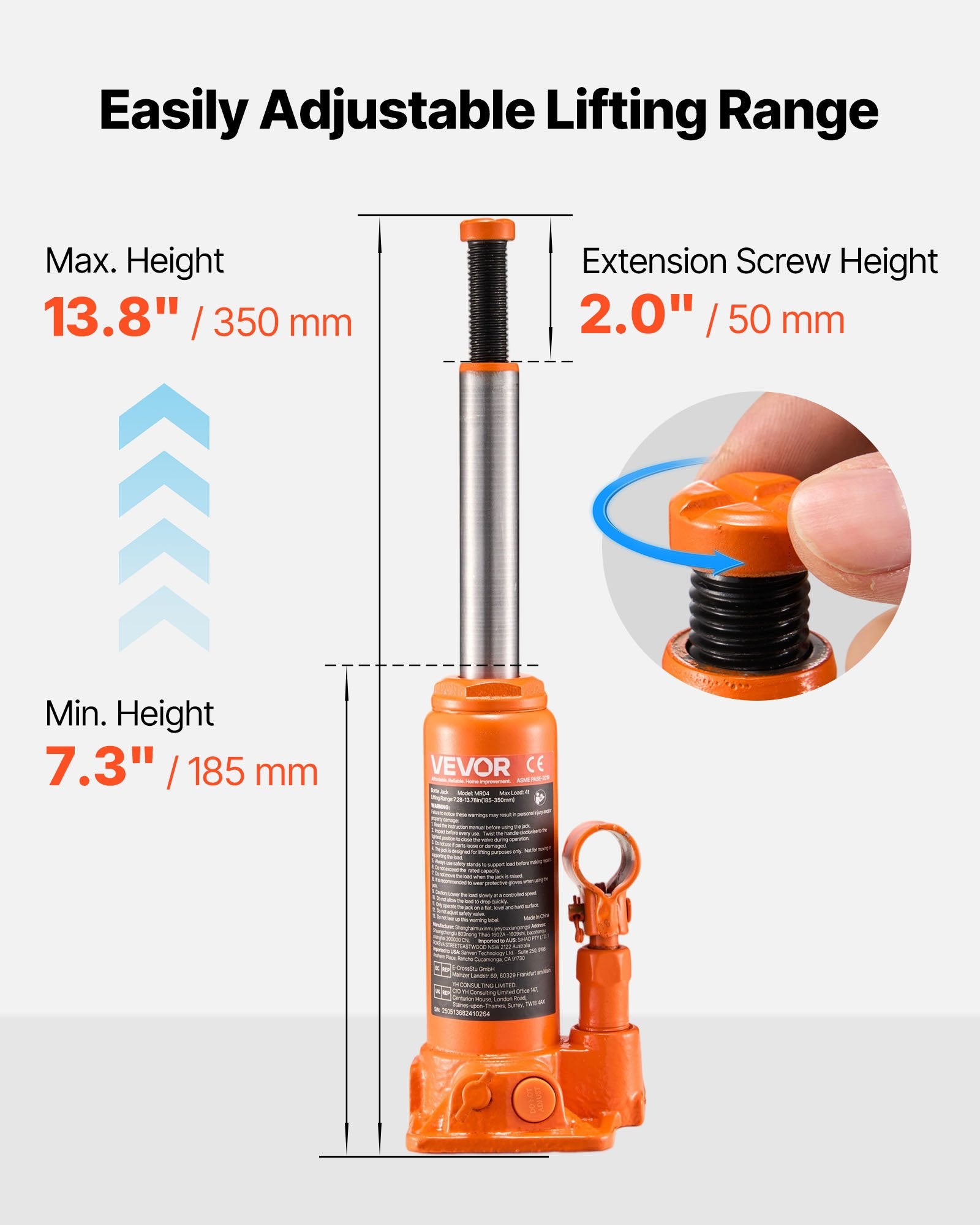 VEVOR Hydraulic Bottle Jack, 4 Ton Load Capacity, 185-350 mm Lifting Range, Heavy Duty Hydraulic Welded Bottle Jack for Car, SUV, Pickup, Auto Repair, House Lift and Agricultural Equipment, Orange