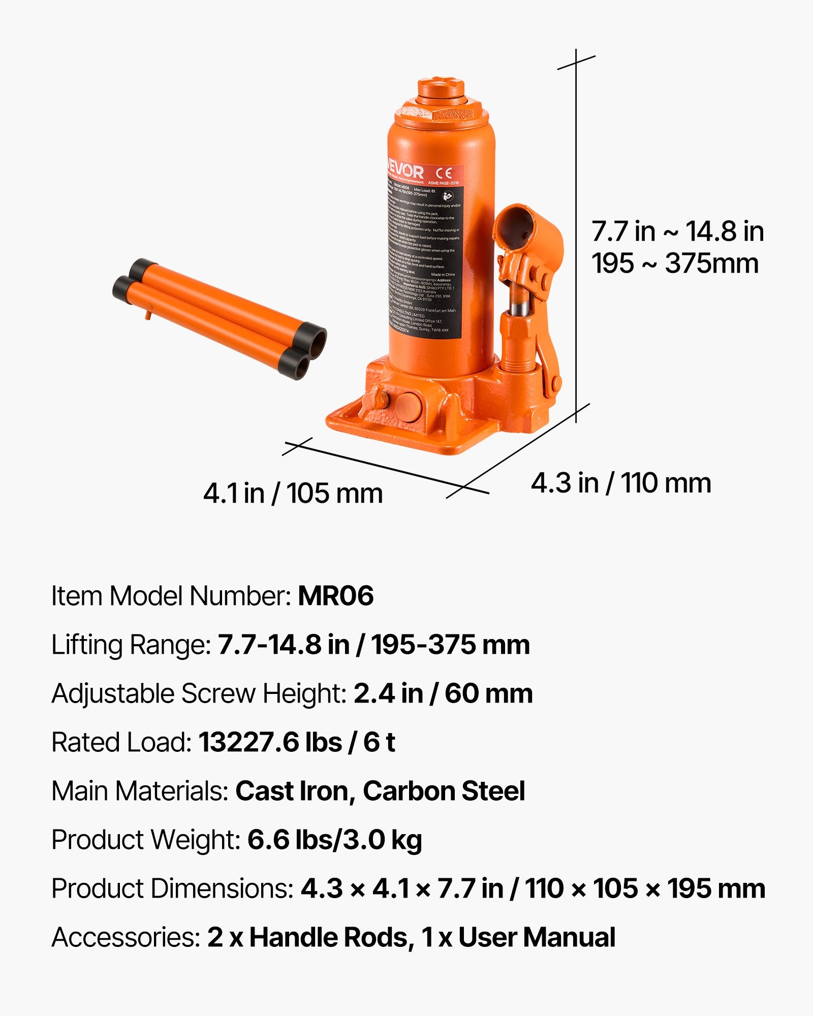 VEVOR Hydraulic Bottle Jack, 6 Ton Load Capacity, 195-375 mm Lifting Range, Heavy Duty Hydraulic Welded Bottle Jack for Car, SUV, Pickup, Auto Repair, House Lift and Agricultural Equipment, Orange