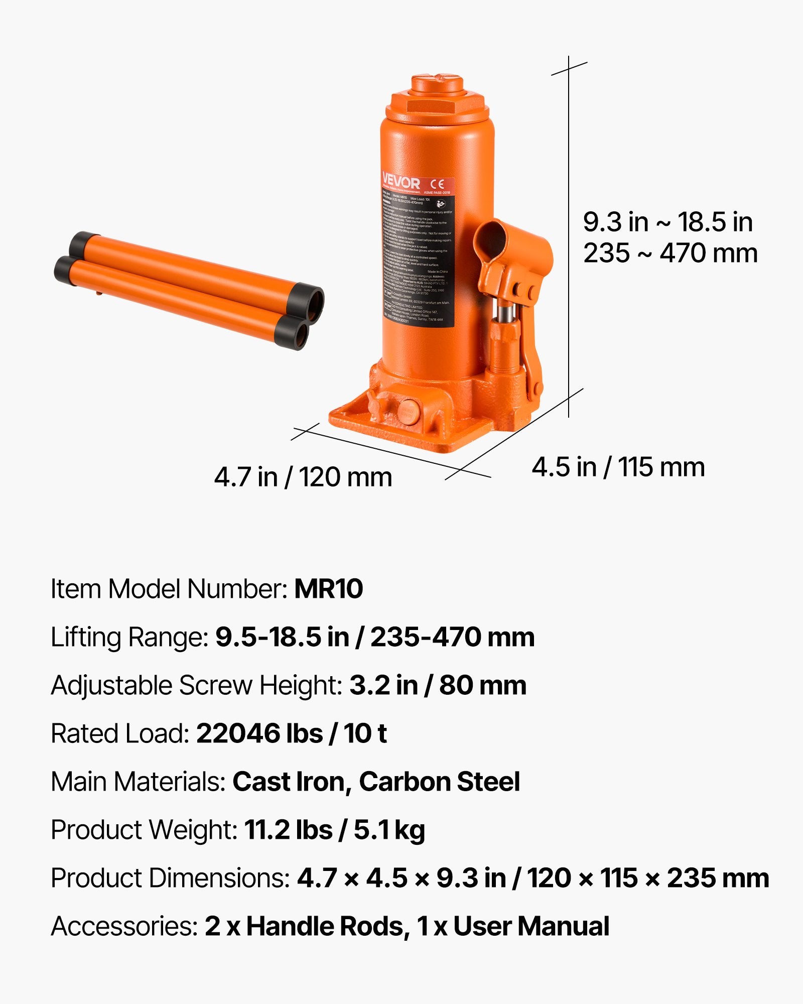VEVOR Hydraulic Bottle Jack, 10 Ton Load Capacity, 235-470 mm Lifting Range, Heavy Duty Hydraulic Welded Bottle Jack for Car, SUV, Pickup, Auto Repair, House Lift and Agricultural Equipment, Orange