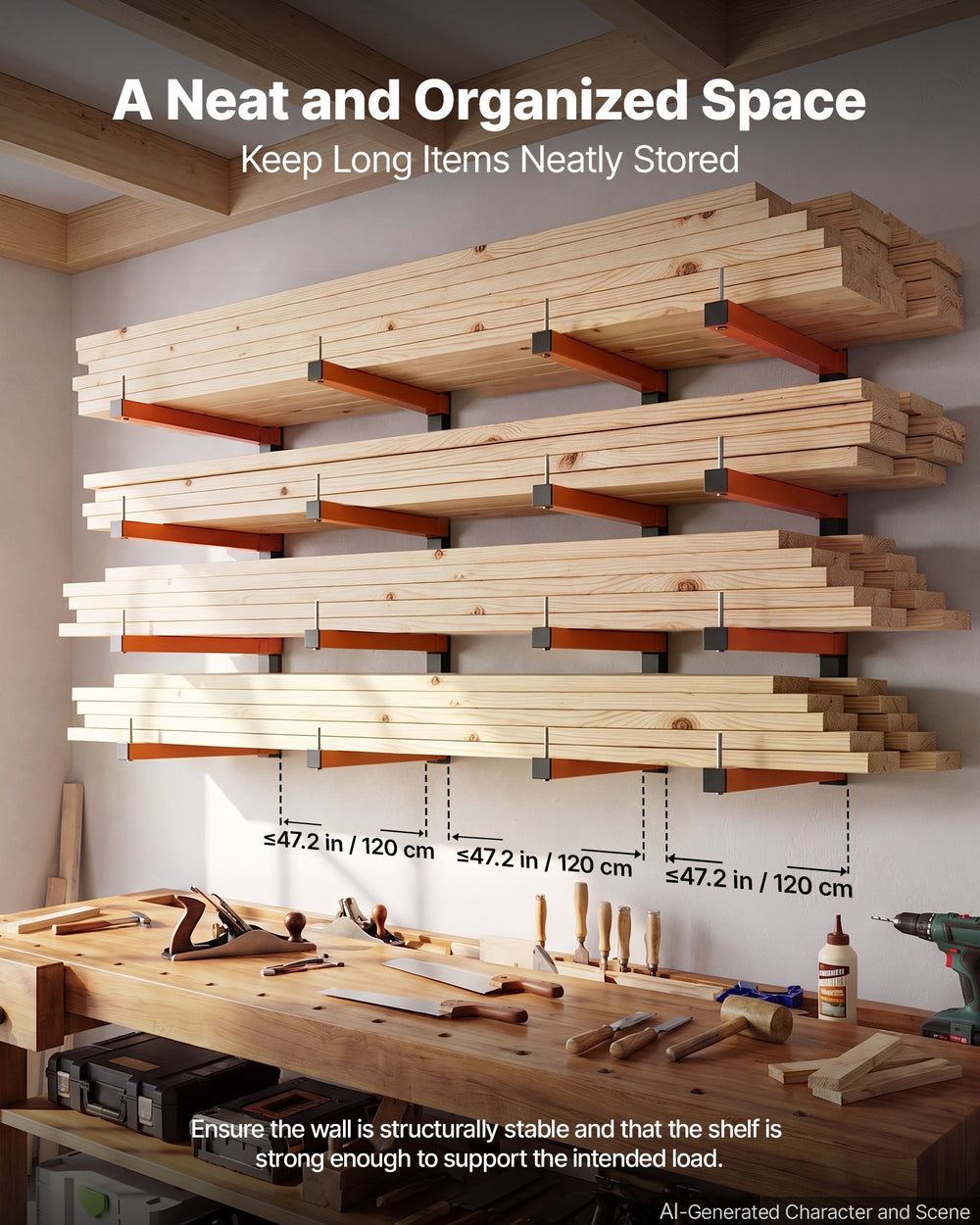 VEVOR Lumber Rack, 4-Tier 4-Pack 50 kg per Tier, Foldable Wood Storage, Wall-mounted for Garages, Workshops, Warehouse, Heavy-Duty Cantilever Arms, 3-Level Adjustment, Steel, Orange & Black
