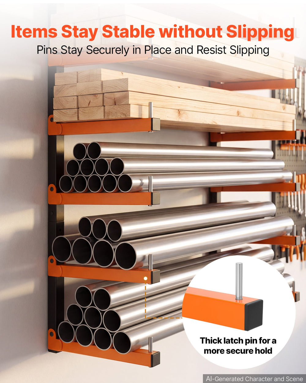 VEVOR Lumber Rack, 6-Tier 2-Pack 50 kg per Tier, Foldable Wood Storage, Wall-mounted for Garages, Workshops, Warehouse, Basement, Heavy-Duty Cantilever Arms, Locking Pins, Steel, Orange & Black