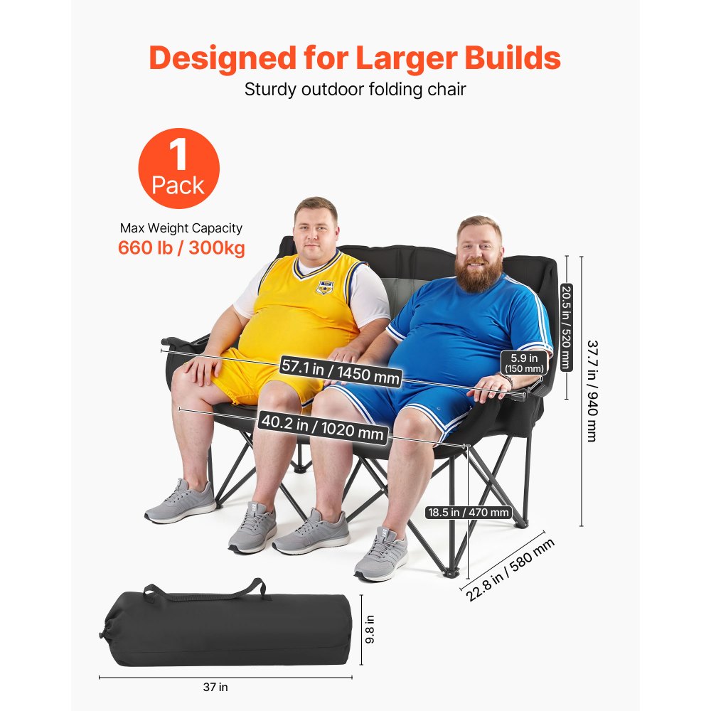 VEVOR Double Camping Chair, Oversized Two Person Camp Chair with 300 kg Heavy Duty Support, with Dual Cup Holders, Wine Glass Holders, Magazine Straps, Carry Bags for Outdoor, Beach, 1 Pack