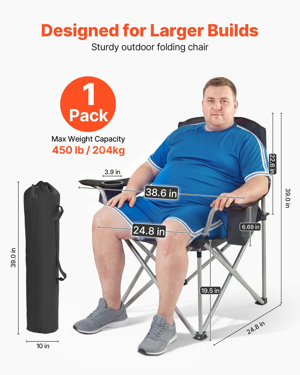 VEVOR Oversized Camping Chairs, 204 kg Heavy Duty Support, Portable Folding Camp Chairs with Padded Backrest & Armrests, Cup Holder & Side Pocket, Cooler Bag, Carry Bags for Outdoor, Fishing, 1 Pack