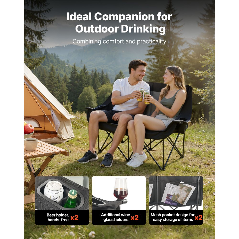 VEVOR Double Camping Chair, Oversized Two Person Camp Chair with 300 kg Heavy Duty Support, with Dual Cup Holders, Wine Glass Holders, Magazine Straps, Carry Bags for Outdoor, Beach, 1 Pack