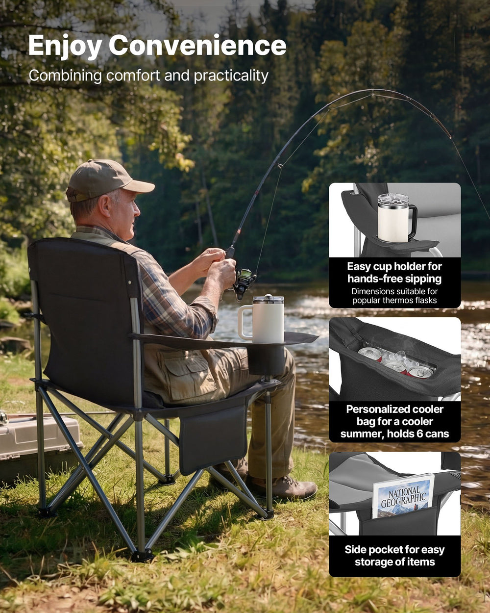 VEVOR Oversized Camping Chairs, 204 kg Heavy Duty Support, Portable Folding Camp Chairs with Padded Backrest & Armrests, Cup Holder & Side Pocket, Cooler Bag, Carry Bags for Outdoor, Fishing, 1 Pack