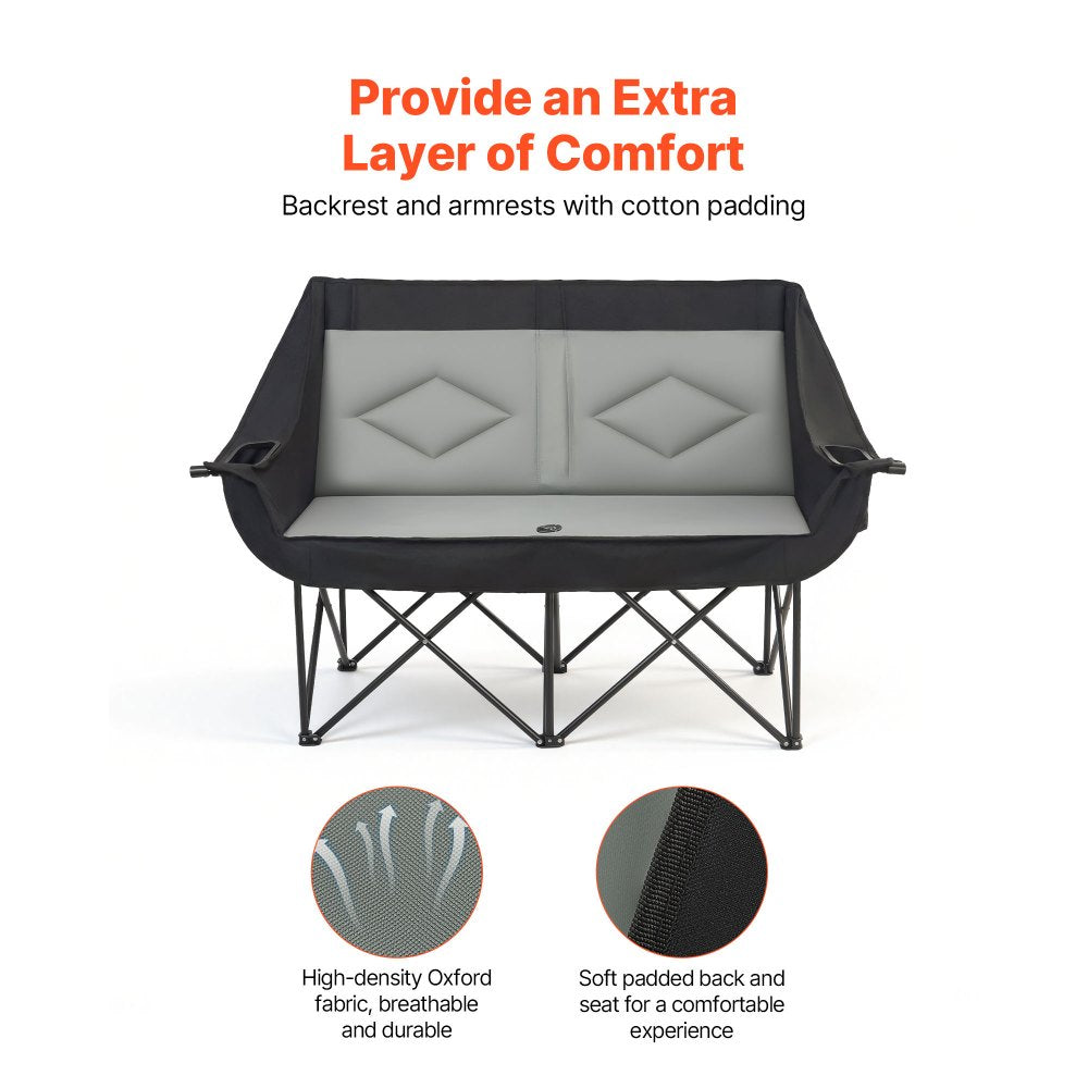 VEVOR Double Camping Chair, Oversized Two Person Camp Chair with 300 kg Heavy Duty Support, with Dual Cup Holders, Wine Glass Holders, Magazine Straps, Carry Bags for Outdoor, Beach, 1 Pack