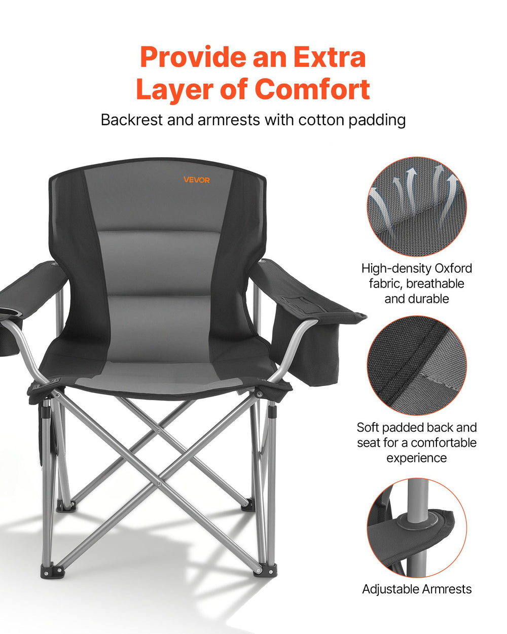 VEVOR Oversized Camping Chairs, 204 kg Heavy Duty Support, Portable Folding Camp Chairs with Padded Backrest & Armrests, Cup Holder & Side Pocket, Cooler Bag, Carry Bags for Outdoor, Fishing, 1 Pack