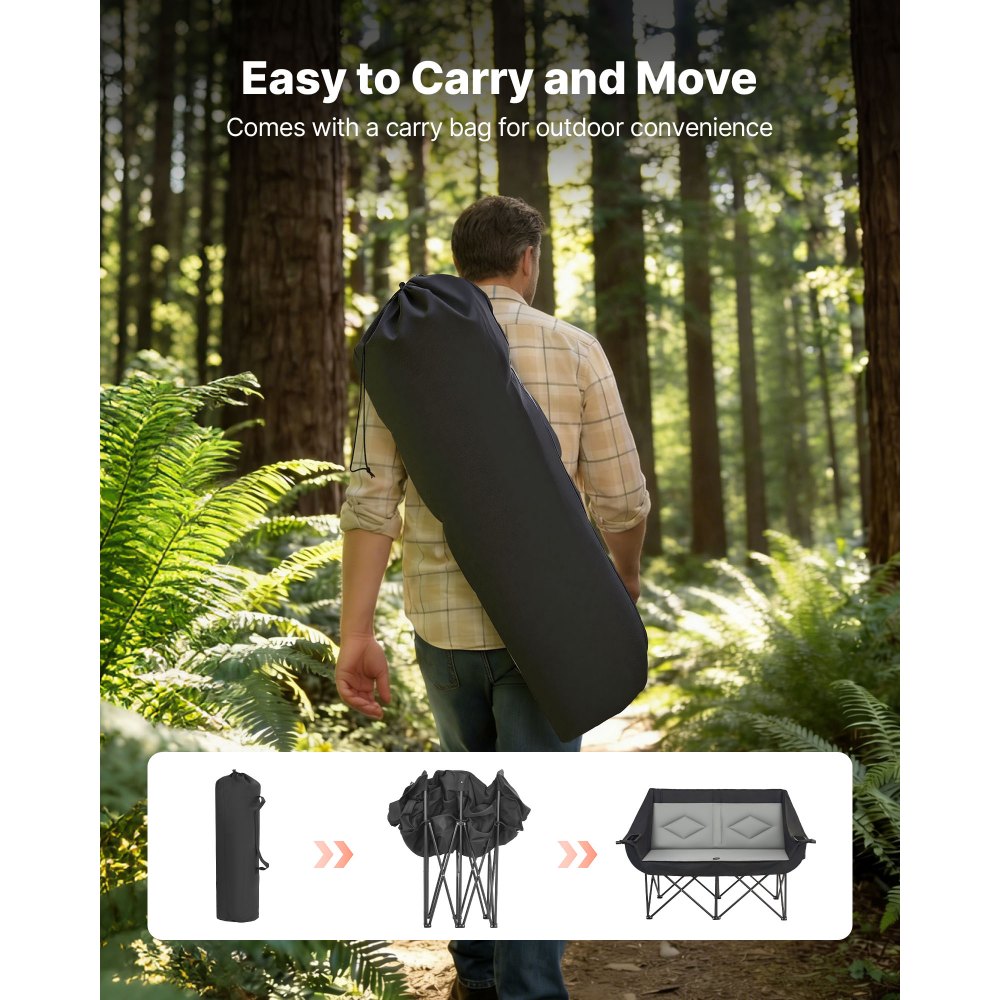 VEVOR Double Camping Chair, Oversized Two Person Camp Chair with 300 kg Heavy Duty Support, with Dual Cup Holders, Wine Glass Holders, Magazine Straps, Carry Bags for Outdoor, Beach, 1 Pack