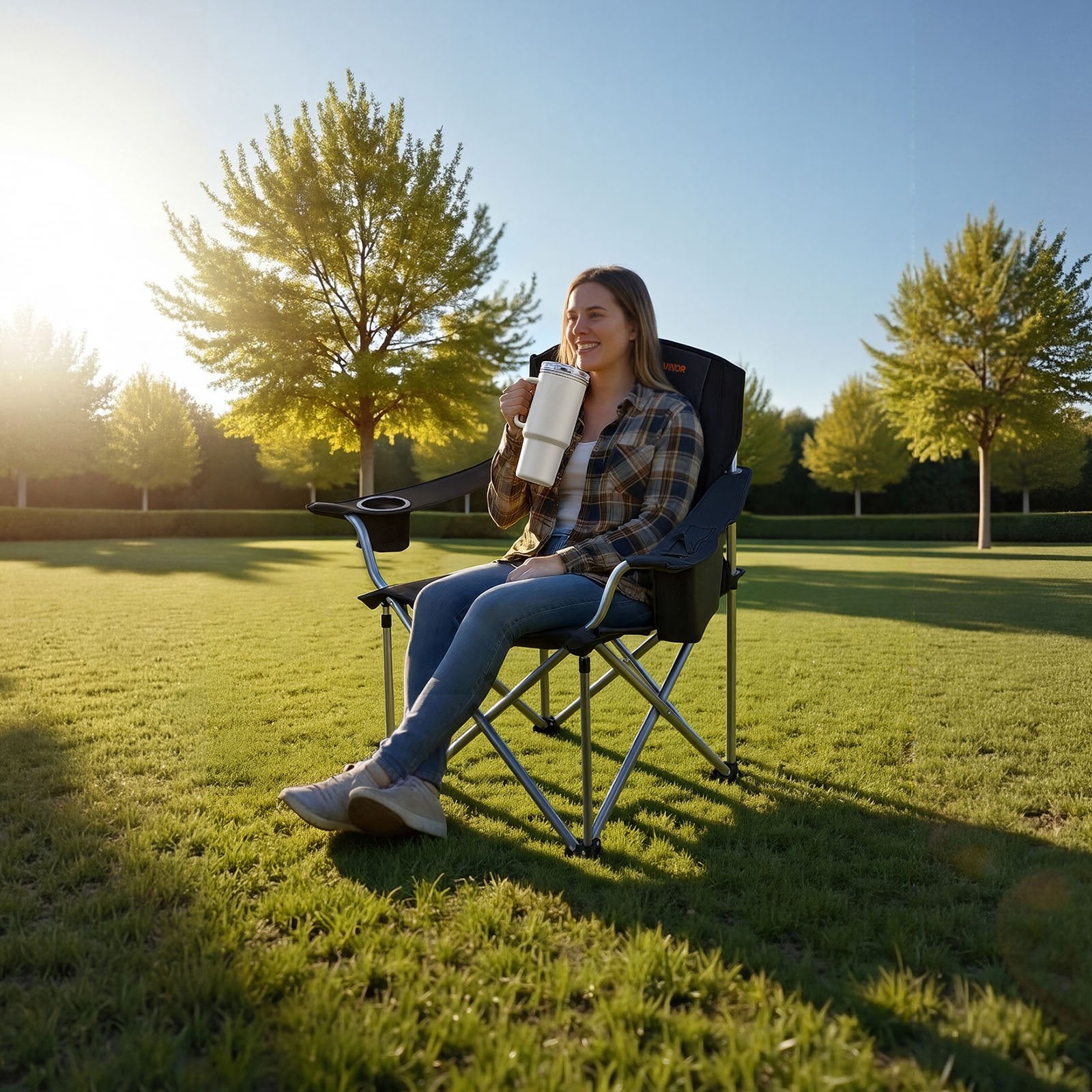 VEVOR Oversized Camping Chairs, 204 kg Heavy Duty Support, Portable Folding Camp Chairs with Padded Backrest & Armrests, Cup Holder & Side Pocket, Cooler Bag, Carry Bags for Outdoor, Fishing, 1 Pack