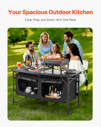 VEVOR Camping Kitchen Table, Folding Outdoor Cooking Table, 3 Adjustable Heights, Aluminum Lightweight Portable Cook Station with Storage Organizer, Carry Handle, for BBQ Party Picnic RV Travel, Black
