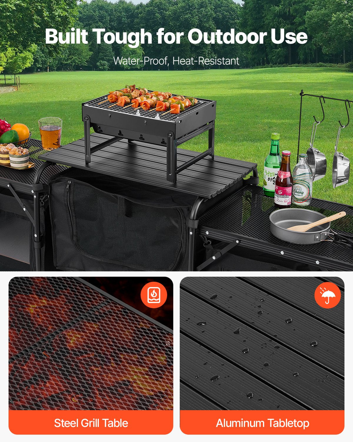 VEVOR Camping Kitchen Table, Outdoor Camp Cooking Table, Aluminum Portable Cook Station with 3 Storage Cupboard, Carrying Bag, Detachable Windscreen, Quick Set-up for BBQ Party Picnic RV Travel, Black