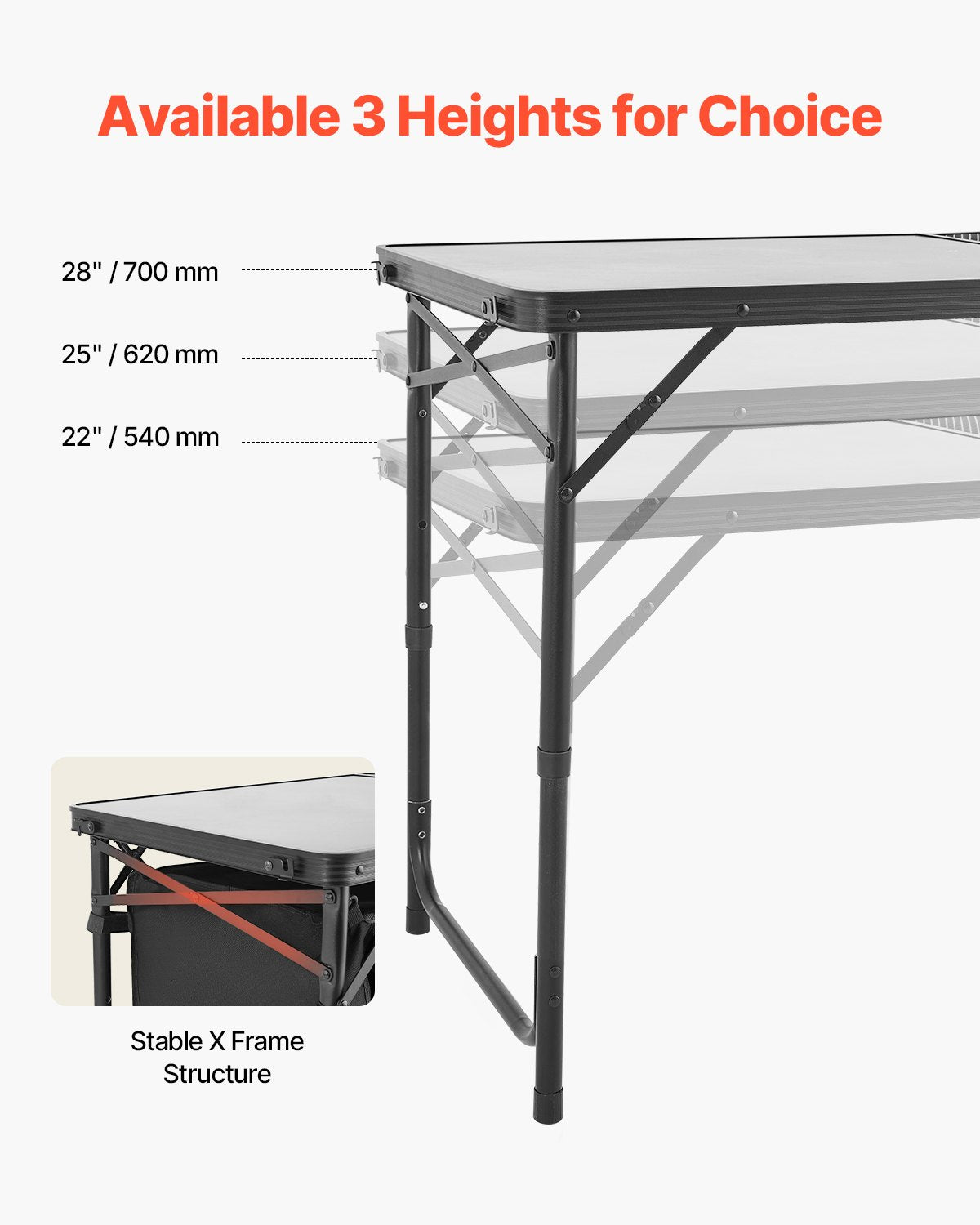 VEVOR Camping Kitchen Table, Folding Outdoor Cooking Table, 3 Adjustable Heights, Aluminum Lightweight Portable Cook Station with Storage Organizer, Carry Handle, for BBQ Party Picnic RV Travel, Black