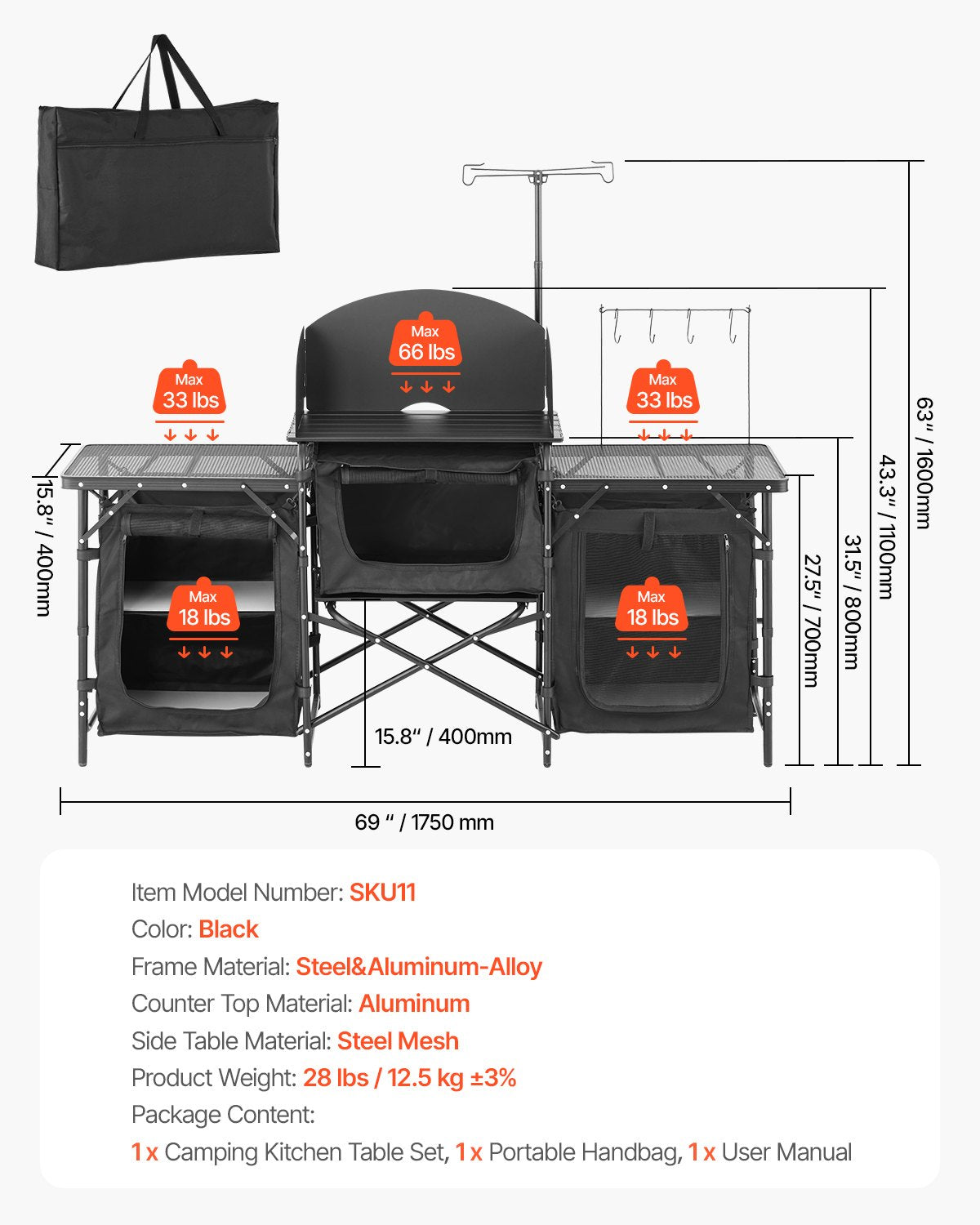 VEVOR Camping Kitchen Table, Outdoor Camp Cooking Table, Aluminum Portable Cook Station with 3 Storage Cupboard, Carrying Bag, Detachable Windscreen, Quick Set-up for BBQ Party Picnic RV Travel, Black