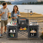 VEVOR Camping Kitchen Table, Outdoor Camp Cooking Table, Aluminum Portable Cook Station with 3 Storage Cupboard, Carrying Bag, Detachable Windscreen, Quick Set-up for BBQ Party Picnic RV Travel, Black