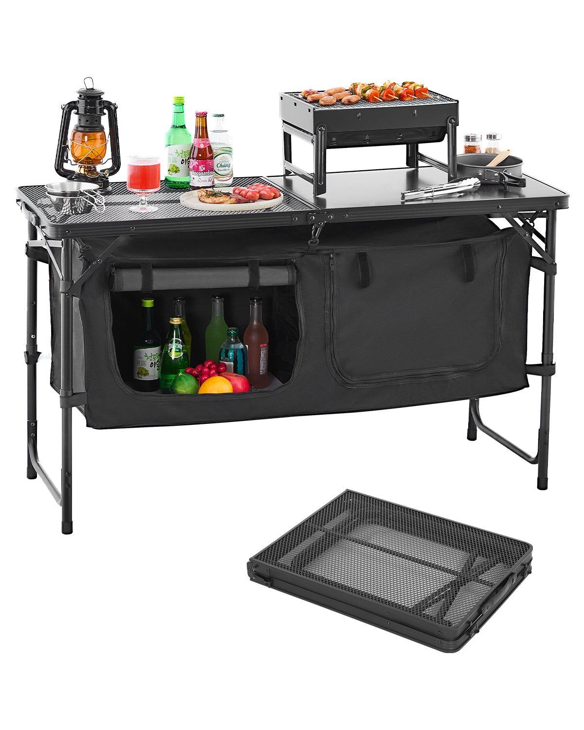 VEVOR Camping Kitchen Table, Folding Outdoor Cooking Table, 3 Adjustable Heights, Aluminum Lightweight Portable Cook Station with Storage Organizer, Carry Handle, for BBQ Party Picnic RV Travel, Black