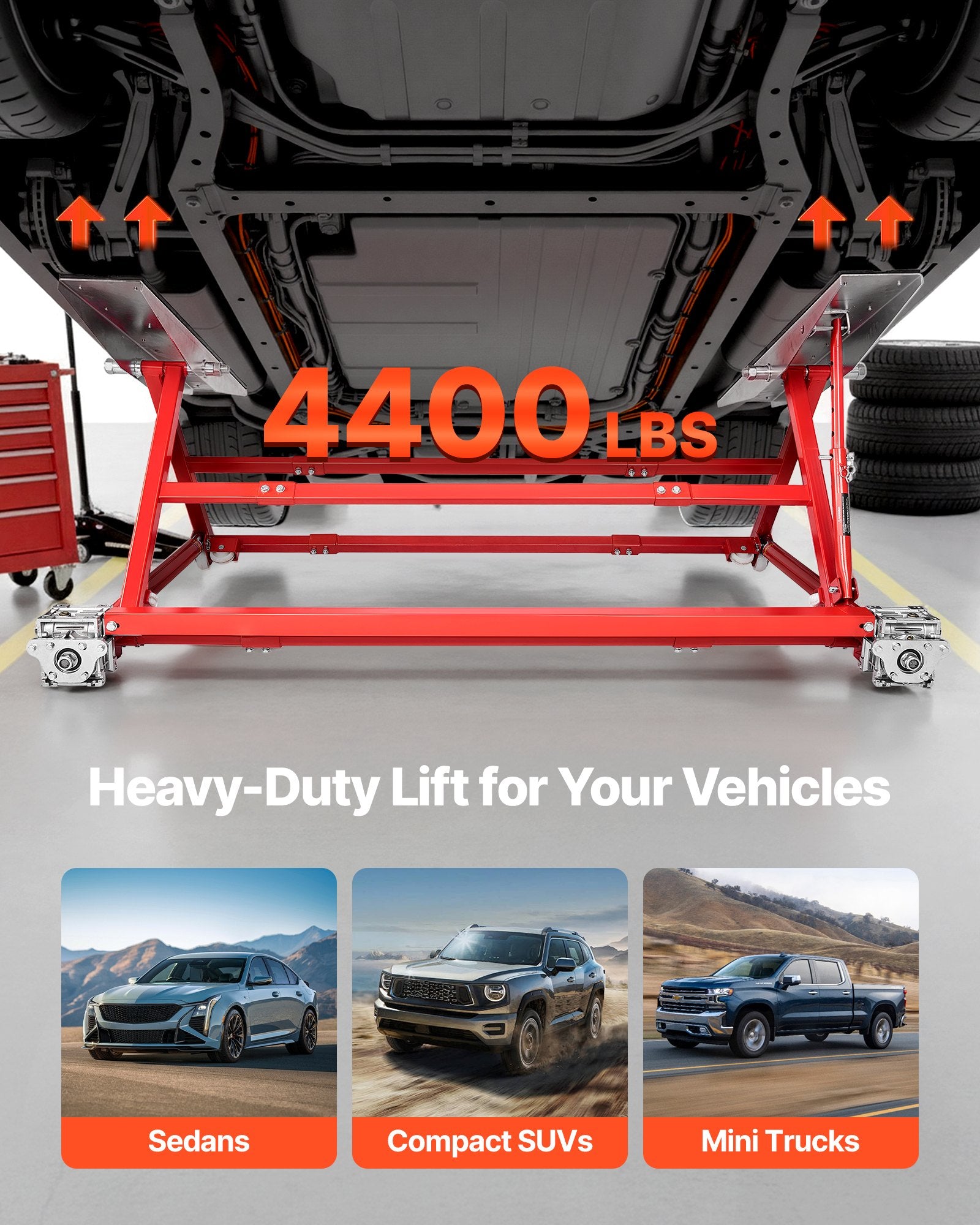 VEVOR Portable Car Lift, 2 Ton Capacity, Heavy Duty Steel Quick Lift with 585 mm Max Height, Adjustable Width and Wheels, Manual Lifting for Cars, Compact SUVs, Mini Trucks, Home Garage or Shop Use